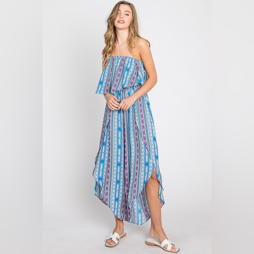 🟠 373B-BLUE. Strapless Printed Jumpsuit